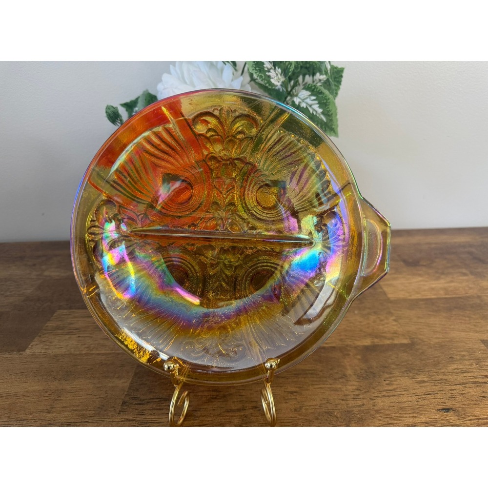 Vintage Marigold Carnival Glass Divided Relish Dish Serving Bowl Iridescent